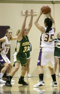 Redmond’s Kaitlyn Parrott (No. 33) guards Lake Washington’s Kasey Coffey (No. 35) during second quarter action of the game at Lake Washington High School. The Mustangs outscored the Kangaroos in the second quarter