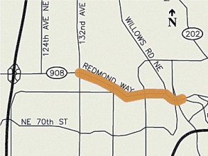 Road work will begin next week on Redmond Way between 132nd Avenue Northeast and Bear Creek Parkway.