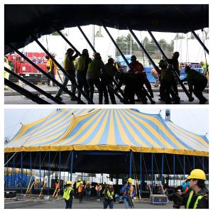 Workers raise the Cirque du Soleil big top and village on Thursday afternoon at Marymoor Park. The Grand Chapiteau seats more than 2