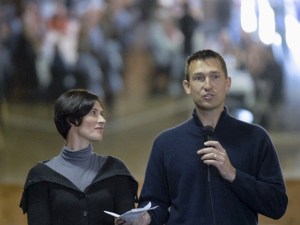 Former Major League baseball player John Olerud addresses the crowd as his wife Kelly listens during a ceremonial groundbreaking event at Little Bit Therapeutic Riding Center in Redmond on Wednesday.
