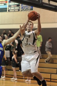 Bear Creek forward Ryan Strandin goes up for two of his season-high 24 points during the Grizzlies 50-45 win over Chief Leschi at home on Wednesday night. With the win