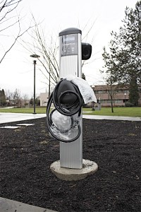 This electric charging station is one of two located in front of City Hall at will be open for public use starting Jan. 13. Two more stations are located at Redmond's Maintenance and Operations Center. All stations will be marked with signs. Vehicles that are parked in the slots but not charging will be towed.