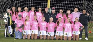 Redmond High's girls soccer team 'goes pink' for breast cancer awareness month at Thursday night's game versus Bothell High.