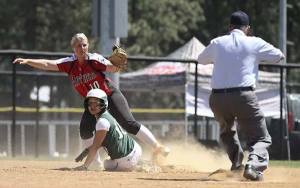 Redmond High's Elaine Wang slides in safely to second base at state.