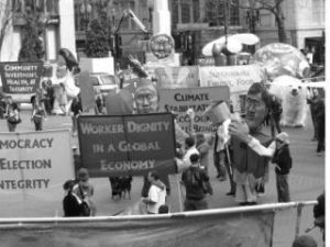 The puppets of the Procession for the Future in the staging area in Portland