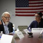 Gordon Rogers (left) discusses his experience and others&rsquo; at Rep. Suzan DelBene&rsquo;s (right) first Veterans Advisory Board meeting at the VFW in Redmond. Samantha Pak, Redmond Reporter