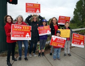 Lake Washington School District parents and students rally to support the proposed bond measure on the April 26 ballot this morning in downtown Kirkland. Also this morning on “Red Tuesday