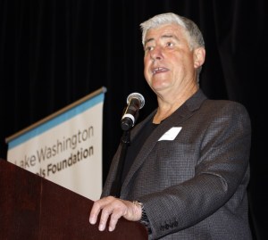 Seattle Sounders head coach Sigi Schmid speaks at the Lake Washington Schools Foundation fundraising breakfast