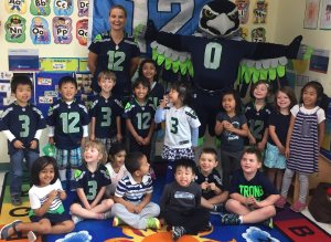 Blitz visits with Goddard School students in Redmond. Courtesy photo