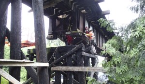 A member of the construction crew works on the trestle bridge as part of the Redmond Central Connector Phase II project. Courtesy of City of Redmond