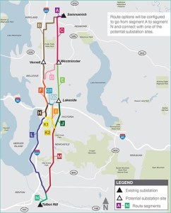 This graphic displays power route options and connections to potential substation sites.