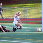 Overlake&rsquo;s Alex Hobbs follows through on her opening goal against Meridian in the 1A state quarterfinal. Courtesy of Hugh Slee