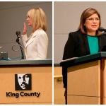 From left, State Sen. Patty Kuderer being sworn in by King County Superior Court Presiding Judge Laura Inveen. Vandana Slatter speaks to the County Council after being sworn in as the newest representative from the 48th Legislative District. Courtesy of King County