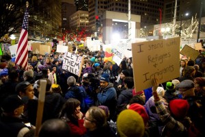 Thousands gathered at Westlake Park in downtown Seattle to protest President Donald Trump&rsquo;s ban on immigrants and refugees from seven Muslim-majority nations on Sunday. Courtesy of Jeremy Dwyer-Lindgren