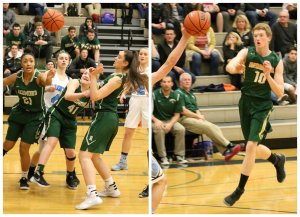Left, Redmond&rsquo;s Kiki Milloy (21) reaches for the ball in Monday&rsquo;s game against Interlake. Right, Redmond&rsquo;s Devon La Pierre dishes off a pass against Interlake. Andy Nystrom, Redmond Reporter