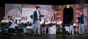 Mr. Hundert (DJ Lambert) introduces Sedgewick Bell (Alex Gephart) to his Greek and Roman history classmates in Bear Creek&rsquo;s production of &ldquo;The Palace Thief.&rdquo; Courtesy of Sini Fernandez