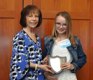Ashlyn Van Gorkom, right, with Janet Ray of AAA Washington receiving her AAA School Safety Patrol Hall of Fame award. Courtesy photo