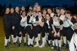 Redmond&rsquo;s softballers celebrate winning their 3A SeaKing District title last night. Courtesy of Brian Kipnis