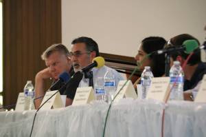 Redmond City Council candidates, from left to right, Steve Fields, Osama Hamdan, Tanika Padhye and Eugene Zakhareyev, along with other candidates, participated in a forum at the First Baptist Church last Thursday. Aaron Kunkler/Redmond Reporter