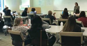 Rep. Suzan DelBene, front, discusses coding with girls at ATT&rsquo;s Redmond offices on Aug. 15. Courtesy photo