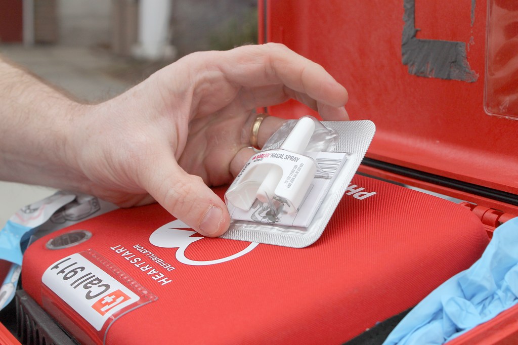 Evan Thompson / The Record Langley Police Chief David Marks displays a 4mg dosage of Narcan, which is usually stored in his defibrillator box.