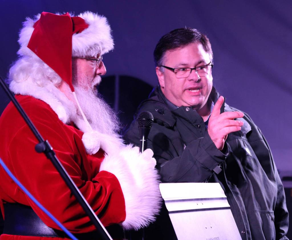Redmond Mayor John Marchione leads the tree-lighting countdown with Santa tonight on the Redmond City Hall Campus.