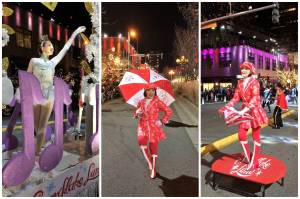 Redmond residents, from left, Evie Harris, Jessie Batzel and Ryan Fisher perform in the production of Snowflake Lane at the Bellevue Collection. Fisher and Batzel are Jingle Belle Dancers, and Harris is the featured pointe ballerina on the Nutcracker Suite Float. Courtesy of Shannon Fisher