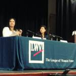 State Senate candidates Manka Dhingra, left, and Jinyoung Englund, center, at a League of Women Voters debate in Redmond this year. Aaron Kunkler/Redmond Reporter