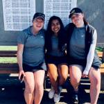 Redmonds Adithi Anand and Holy Names Academys Janine Surge tied for co-medalist honors with even-par 72s at the 3A SeaKing District tournament on Tuesday at Riverbend Golf Course in Kent. Mustang Lily Kralyevich helped her team to a fourth-place finish, shooting 81, which also qualifies her for the state tournament. The two Stangs will travel to Spokane for the May 22-23 premier event at Indian Canyon Golf Course. Pictured are, from left, coach Maggie Miller, Anand and Kralyevich. Courtesy photo