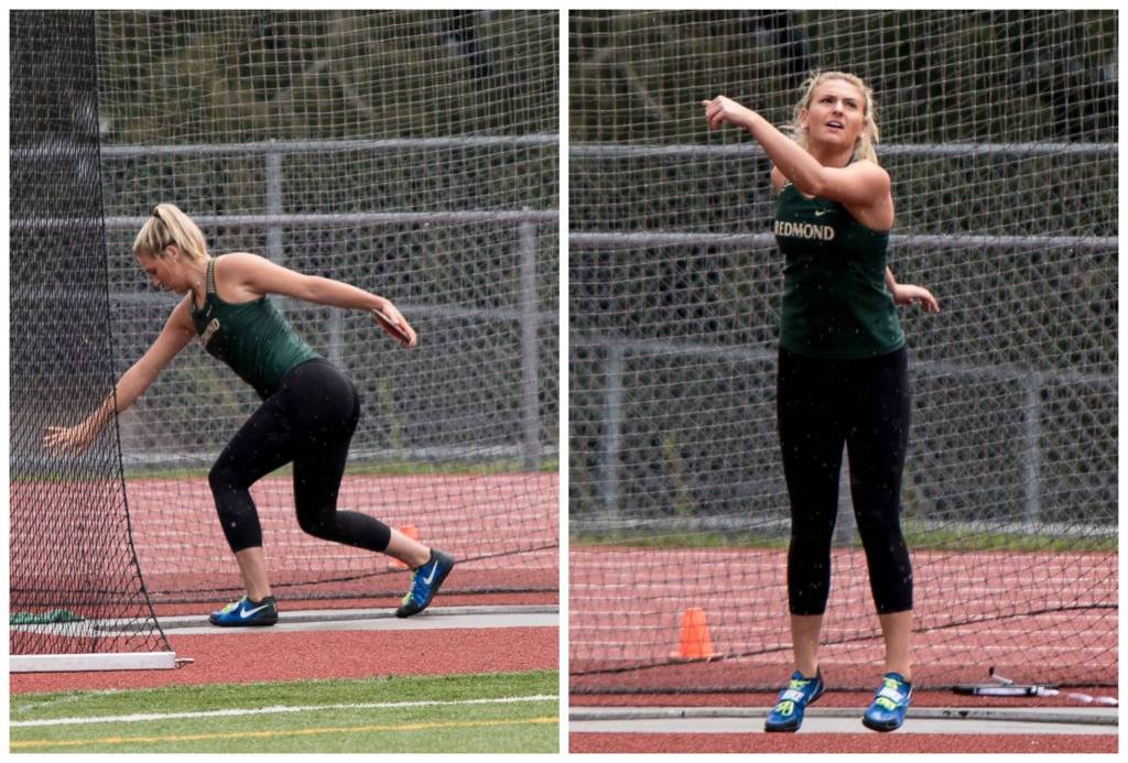 Redmonds Kaitlyn Hartman competes in the discus at districts. Photos courtesy of Stuart Lui
