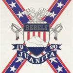 The 1990 Juanita High School logo featuring the stars and bars design in the background. The design is associated with the Confederate flag and was changed in the early 1990s after JHS staff voiced objections to it. Courtesy of Lake Washington School District