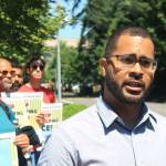 ColorOfChange senior campaign director Scott Roberts gives a statement at a rally outside of Microsoft on July 26 before activists turned in 300,000 signatures asking the company to stop providing service to ICE. Aaron Kunkler/Staff photo