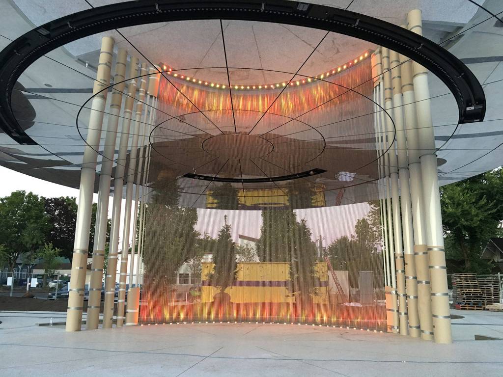 This pavilion, the work of artist Jill Anholt, Fabrication Specialties, structural designer Arup and Mid-Mountain Contractors, Inc, is the centerpiece of Downtown Park. Photo courtesy of the city of Redmond
