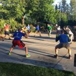 F3 members perform Leprechaun in the Woods, also known as squat jumping jack, as they wait for another group to return from a lap around the parking lot. Photo Courtesy of Brian Dilfer Gawthrop