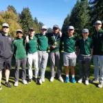 Redmond High golfers, from left to right, coach Steve Wiebe, Arnav Mittal, Alex Marshall, Conner Hansford, Akshay Anand, Ryan Ho, Trent Colombe and coach Spencer Burnstead. Photo courtesy of Leroy Ho