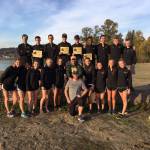 Redmond Highs boys and girls 4A KingCo championship cross country squads with coaches Denis Villeneuve and Peter Whitmore. Courtesy photo