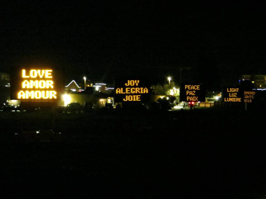 Holiday messages light up the Luminary Walk from Redmond City Hall to Redmond Town Center on Dec. 1. Samantha Pak/staff photo