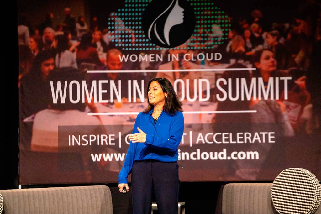 Gavriella Schuster, corporate vice president for Microsoft, gives the main keynote during Women in Clouds second annual summit on Jan. 26. Courtesy of Vincent Konkel/Women in Cloud