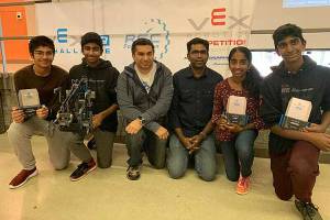 The Discobotz team members (Parent Coach, Senthil Selvaraj; Organizing LWSD Teacher, Jason Steele): Sarvesh Senthil (eighth grade), Harini Vijeyanandh (eighth grade), Arjun Cheema (eighth grade) and Varun Senthil (seventh grade). Courtesy photo.