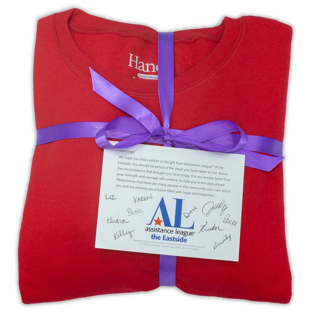 Assault Survivor Kits, packaged and delivered to local hospitals by Assistance League of the Eastsides volunteers, include sweat pants and top plus a hygiene kit with pre-pasted toothbrush, shampoo, body wash and hairbrush/comb. After an assault, clothes are often taken in evidence, leaving victims with nothing to wear.