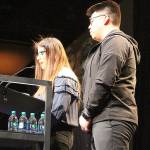 Rosa and Erik, whose last names have been withheld share their experiences being a part of Youth Eastside Services (YES) Latino H.E.A.T. student-leadership program at the Invest in Youth Breakfast on March 20. Madison Miller/staff photo