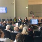 Rep. Vandana Slatter, Sen. Patty Kuderer and Rep. Amy Walen from the 48th district listen to a question about higher education at their Town Hall at Redmond City Hall on March 23. Katie Metzger/staff photo