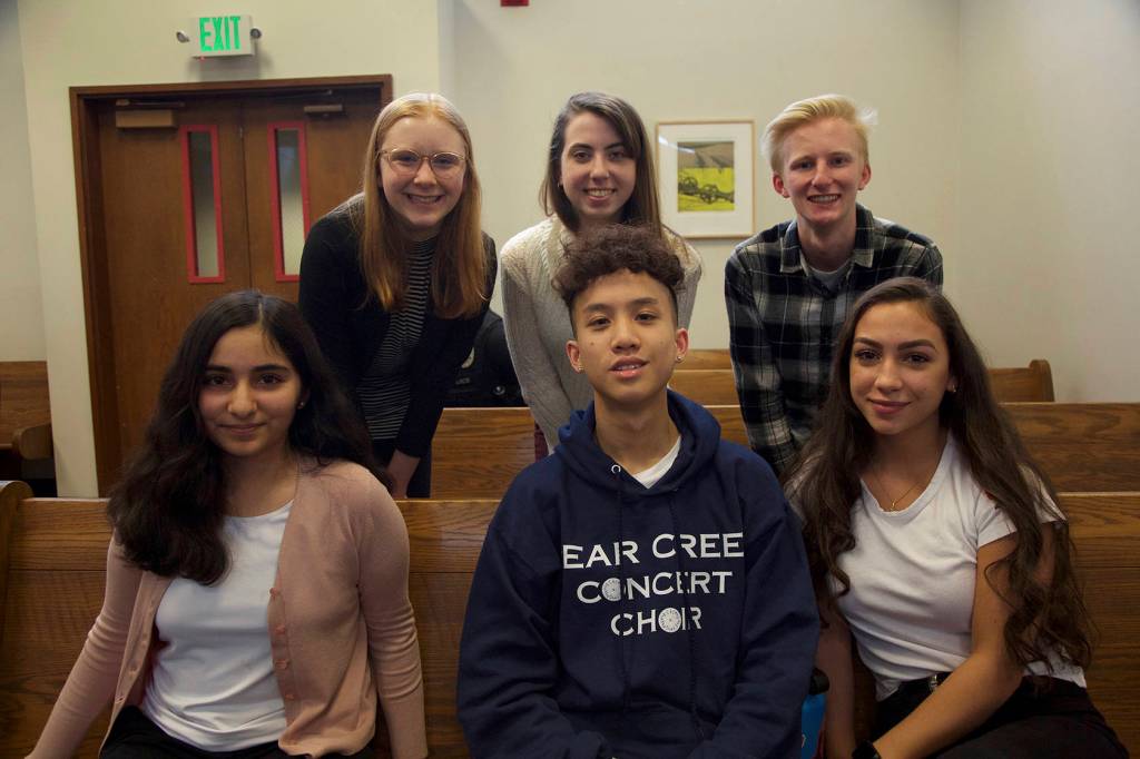 Youth court student volunteers. Front row from left: Shreya Karnik, James Kung, Maria Pessoa. Back row from left: Emma Firminger, Josie Walsh, Bouke Spoelstra. Ashley Hiruko/staff photo