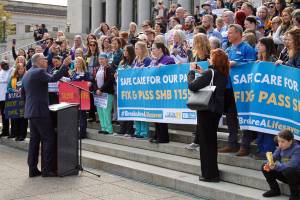 Gov. Jay Inslee speaks to protesting nurses on April 24 at the State Capitol Building in Olympia. Inslee indicated he would sign the bill for meal and rest breaks into law if it passes both chambers. Photo by Emma Epperly, WNPA Olympia News Bureau