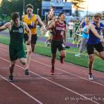 Redmond Highs Carson Lui won the 400 run in 49.91, Marie Petrbokova won the 200 in 26.04 and the boys 4x400 relay of Eli Jones, George Cretu, Asres Morris and Lui won in 3:26.24 at the 4A KingCo championships at Lake Washington High. Pictured at the finish line of the relay are Lui, left, Matthew Wilkinson (Issaquah), Cooper Williams (Eastlake) and Cooper Hayes (Bothell). Courtesy of Don Borin, StopAction Photography