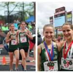 Andrea Markezich (#29) and Olivia Markezich (#30) run the 3200 and display their medals at the 1A state track and field meet. Photos courtesy of Ron Markezich