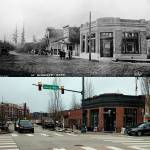 Side-by-side photos of the corner of Leary Way and Cleveland Street in downtown Redmond. The top photo was taken in during the citys earlier days while the bottom photo is present day. Photos courtesy of Erez Benari