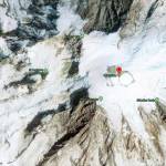 An aerial photo of Mount Rainier. The rescued climbers were found between Liberty Cap, the mountains smallest peak, and Columbia Crest, its tallest, marked with the red pointer. Image courtesy Google Maps