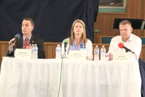 Redmond mayor candidates from left: Andew Koeppen, Angela Birney and Steve Fields on June 13. Stephanie Quiroz/staff photo