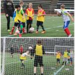 Campers kick away at the Redmond High boys soccer programs Jr. Stangs Summer Camp on July 10. The three-day camp, which was open to boys in grades 3-8, featured instruction on soccer fundamentals such as dribbling, shooting, passing, defending and team play. RHS boys soccer coaching staff and players hosted the camp. Andy Nystrom/ staff photos